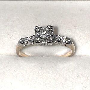 Antique Solid 14K Yellow White Gold Natural Diamond Engagement Wedding Ring